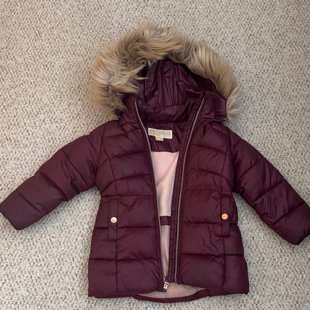 Michael Kors Kids Jacket in Burgundy with Faux Fur Trim